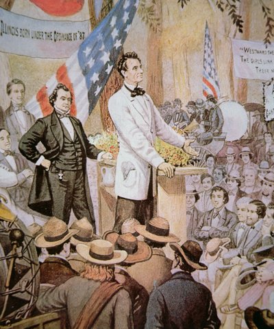 Abraham Lincoln (1809-65) in dibattito pubblico con Stephen A. Douglas (1813-61) in Illinois da American School