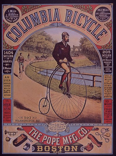 Pubblicità per la bicicletta Columbia Penny-Farthing, Boston, USA da American School