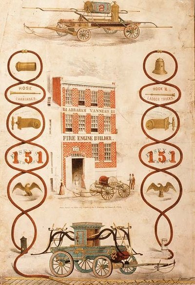 Pubblicità per Abraham Vanness, costruttore di autopompe e produttore di attrezzature antincendio, pub. da Geo. G. Gratacap, New York, c.1850 da American School