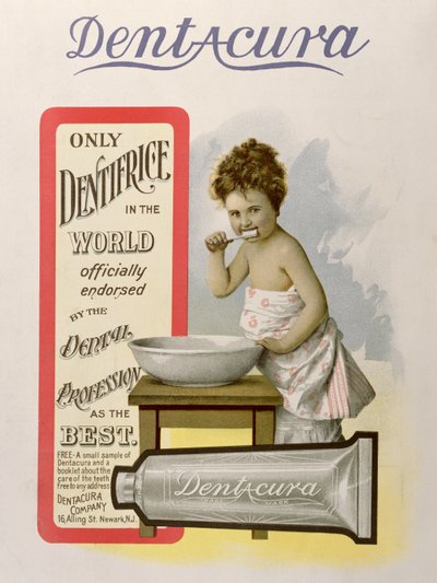 Pubblicità per Dentifricio Dentacura, da Theatre Magazine, Inghilterra, 1901 da American School