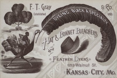 Pubblicità per F T Gray, sbiancatori di cappelli e piume, Kansas City, Missouri, USA da American School