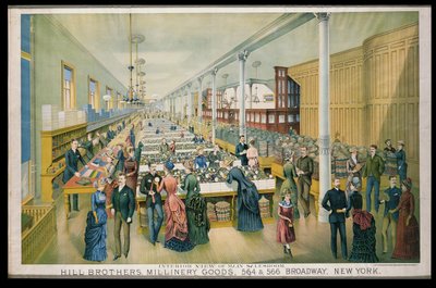 Pubblicità per Hill Bros. Millinery Goods con una vista interna della sala principale da American School