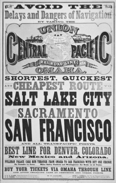Pubblicità per la linea ferroviaria Union e Central Pacific, c.1870 da American School