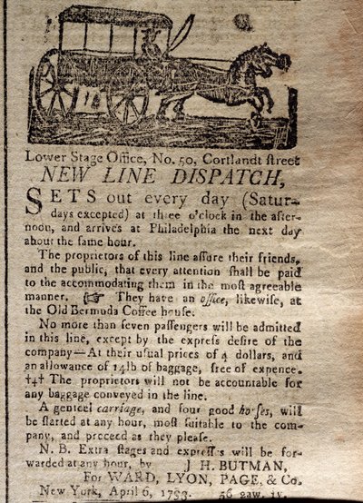 Pubblicità per la New Line Dispatch, dal New York Journal & Patriotic Register, 6 aprile 1793 da American School