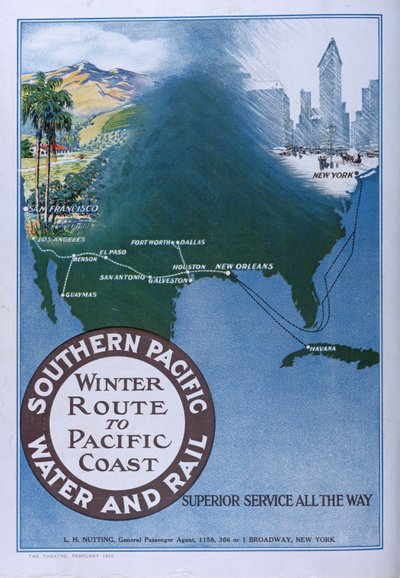 Pubblicità per la Winter Route to Pacific Coast della Southern Pacific Water and Rail, da Theatre magazine da American School