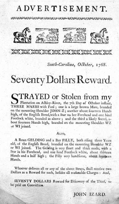 Annuncio che offre una ricompensa di settanta dollari per il recupero di cavalli smarriti (o rubati) e la cattura del ladro, pubblicato in South Carolina, 1768 da American School