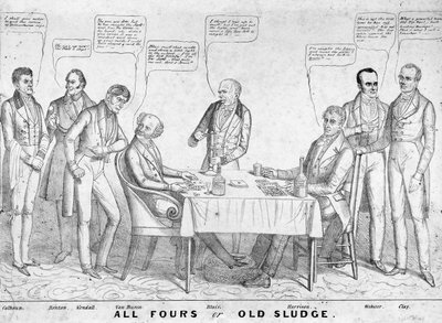 All Fours o Old Sludge, vignetta politica che raffigura il presidente Martin Van Buren (1782-1862) che gioca a carte contro William Henry Harrison (1773-1841) tra altri statisti e politici, 1836 da American School