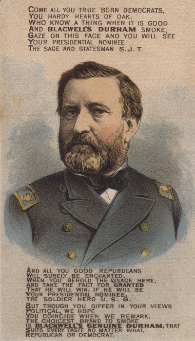 Soldato e politico americano Ulysses S Grant, cartolina commerciale che pubblicizza il tabacco Blackwell Durham Bull, 1870s da American School