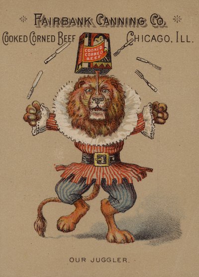Cartolina pubblicitaria americana per carne in scatola cotta della Fairbank Canning Company, Chicago, Illinois da American School