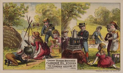 Cartolina pubblicitaria americana per macchine da cucire e stufe a olio prodotte dalla Florence Machine Company, Massachusetts, c1880s da American School