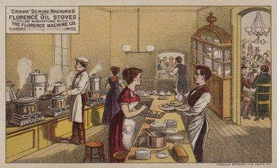 Cartolina commerciale americana che pubblicizza macchine da cucire e stufe a olio prodotte dalla Florence Machine Company, Massachusetts, c1880s da American School