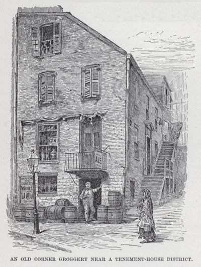 Un vecchio angolo di una bettola vicino a un quartiere di case popolari (litografia) da American School