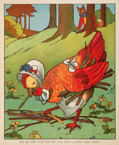 "E la piccola gallina rossa uscì a raccogliere legna fuori", da Peter Rabbit Little Red Hen and Owl and Pussy Cat pub. Charles E Graham & Co. c. 1900 (cromolitografia) da American School