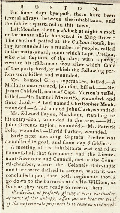 Articolo dal Boston Chronicle che descrive gli eventi del massacro di Boston, 5 marzo 1770 da American School