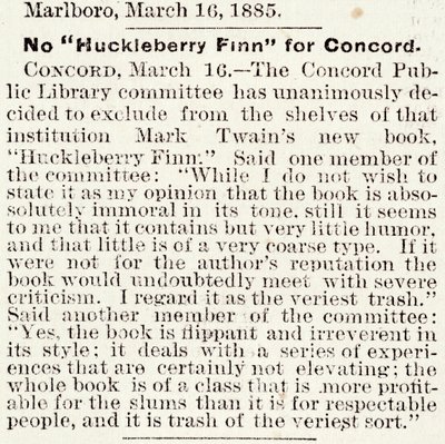 Articolo nel Boston Daily Globe riguardante il divieto di Huckleberry Finn a Concord, Massachusetts, dal 16 marzo 1885 da American School