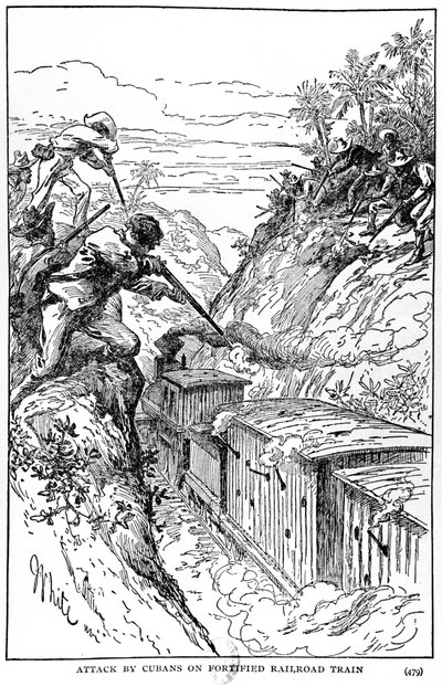 Attacco dei cubani a un treno blindato, illustrazione da The Story of Cuba di Murat Halstead, pubblicato nel 1898 da American School