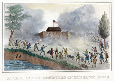 Attacco dei Seminole alla Block House, pub. 1836 da American School