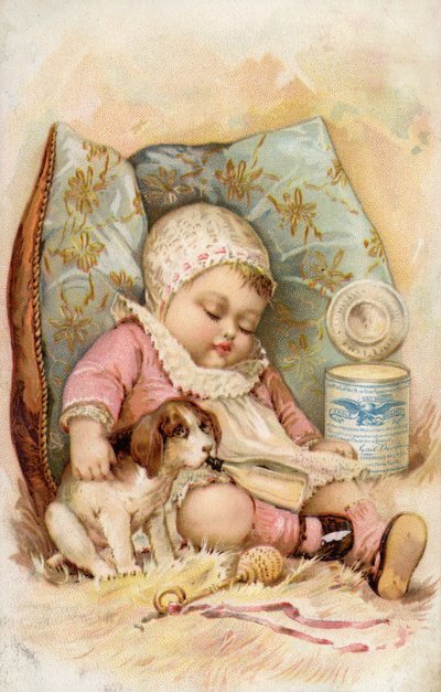 Bambino con cucciolo che beve da una bottiglia, pubblicità per latte conservato da American School