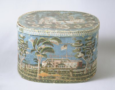 Scatola coperta con carta stampata a blocchi che mostra la vista di un castello, c.1835 da American School