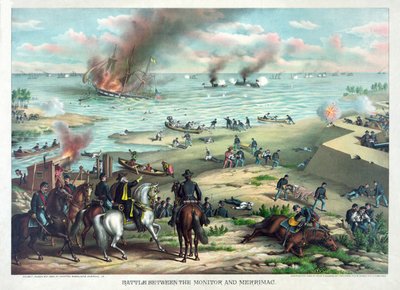 Battaglia tra il Monitor e il Merrimac, 9 marzo 1862 a Hampton Roads, vicino a Norfolk, Virginia, pub. Kurz & Allison, c.1889 da American School