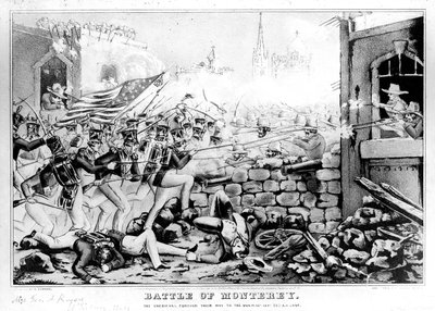 Battaglia di Monterey: Gli americani si fanno strada verso la piazza principale, 23 settembre 1846, inciso e pubblicato da Nathanial Currier (1813-88) da American School
