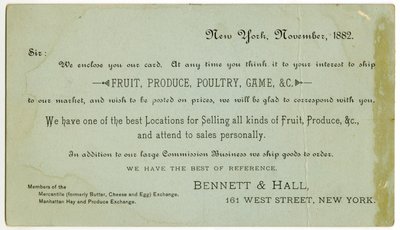 Bennett & Hall cartolina commerciale [verso], 1882 da American School