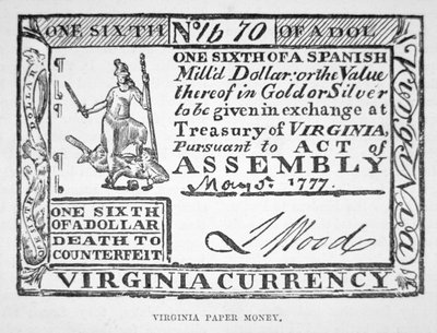 Biglietto per un sesto di dollaro, denaro cartaceo della Virginia del 1777 da American School