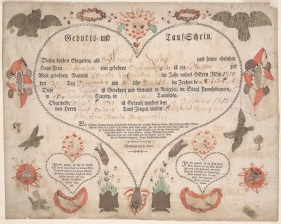 Certificato di nascita e battesimo per Maria Catharina Raup c.1806 da American School