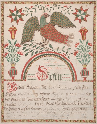 Certificato di nascita e battesimo per Elisabeth Lindaman, c.1820 da American School