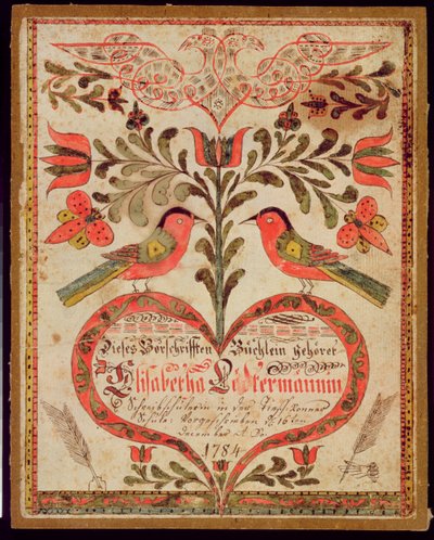 Segnalibro raffigurante due uccelli e un cuore, 1784 da American School