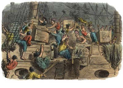 Boston Tea Party, c.1860s (incisione colorata a mano) da American School