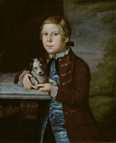 Ragazzo della famiglia Hallett con cane da American School