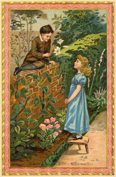 Ragazzo seduto su un muro che offre fiori a una ragazza da American School