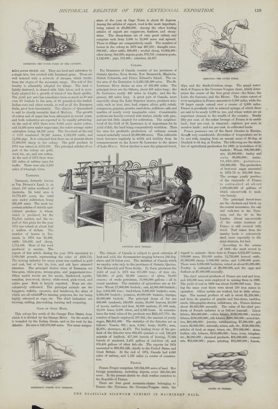 Mostra del baco da seta brasiliano nella Machinery Hall, Centennial Exposition, Philadelphia, Pennsylvania, USA da American School