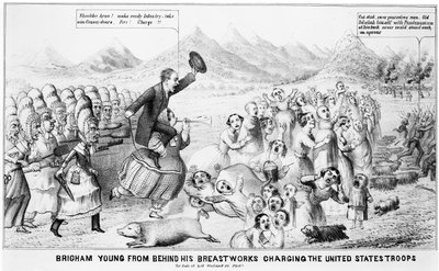 Brigham Young dietro le sue barricate che carica le truppe degli Stati Uniti da American School