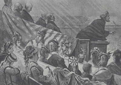 Brigham Young osservato dalle sue numerose giovani mogli mentre predica al Grande Tabernacolo Mormone, Utah da American School