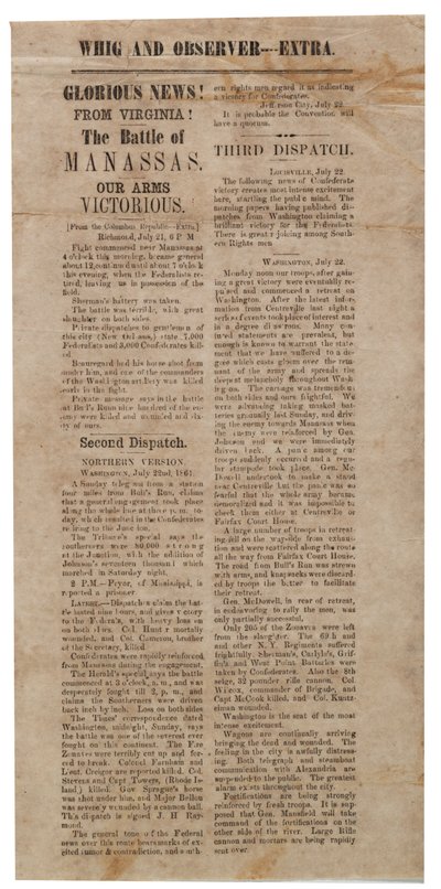 Manifesto che annuncia la Prima Battaglia di Manassas, Whig e Observer Extra, dopo il 22 luglio 1861 da American School