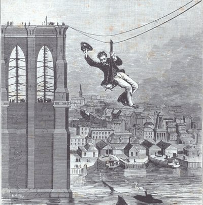 Ponte di Brooklyn in costruzione; il signor Farrington, capo supervisore della costruzione, è il primo a attraversare il tratto tra i due piloni il 25 agosto 1876 (incisione) da American School