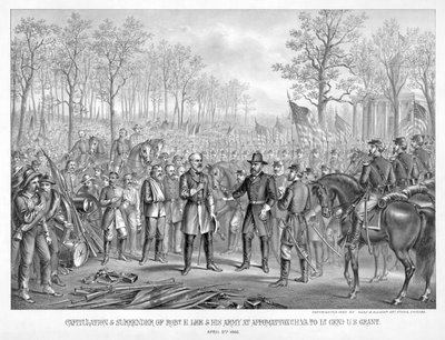 Capitolazione e resa di Robert E. Lee e del suo esercito ad Appomattox, Virginia, a Lt. Gen. U.S. Grant, 9 aprile 1865, pub. 1885 da American School