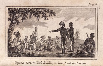 Capitano Lewis e Clarke in consiglio con gli indiani, pub. 1812 (incisione) da American School