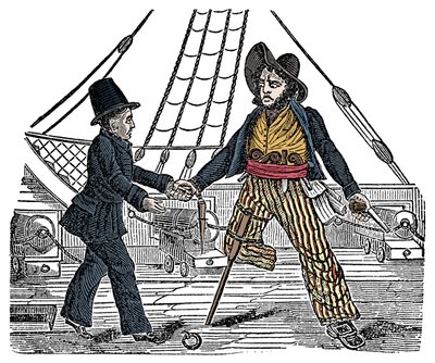 Capitano Mackra e il pirata con la gamba di legno. Incisione da 