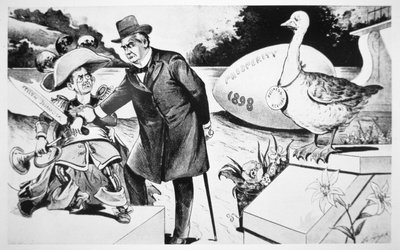 Cartone animato raffigurante il presidente Mckinley che cerca di zittire la 