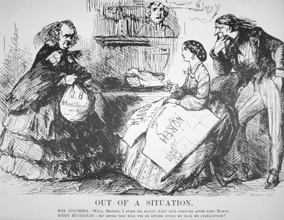 Cartone animato sulla rivista Vanity Fair che satirizza il rifiuto del popolo americano di James Buchanan, 7 aprile da American School