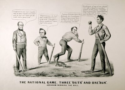 Cartone animato che mostra Abraham Lincoln (1809-65) vincere la palla contro i suoi avversari Douglas, Bell e Breckenridge nelle elezioni presidenziali del 1860, 1860 da American School