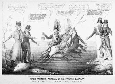 Pagamento in contanti - Arrivo della cavalleria francese, pubblicato da H.R. Robinson, New York, 1836 (incisione) da American School