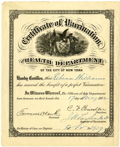 Certificato di vaccinazione, il Dipartimento della Salute della Città di New York..., 1882 da American School