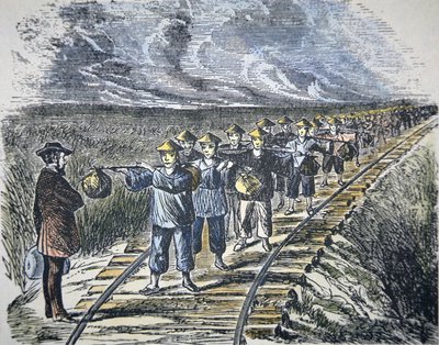 Charles Crocker (1822-88) e la sua forza lavoro cinese che costruisce la Central Pacific Railroad, completata nel 1869 da American School