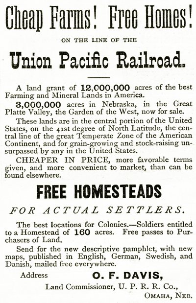 Fattorie economiche e case gratuite sulla linea ferroviaria Union Pacific, pubblicità da Appletons Journal, 4 maggio 1872 da American School
