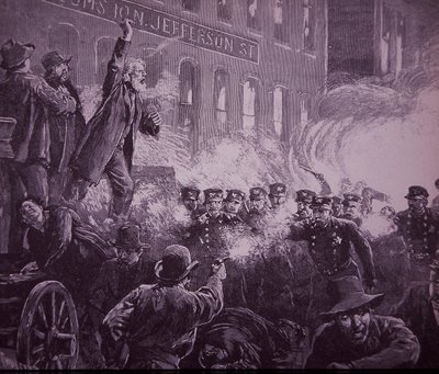 Rivolta dei lavoratori di Haymarket a Chicago del 1886, incisione pubblicata su Harper