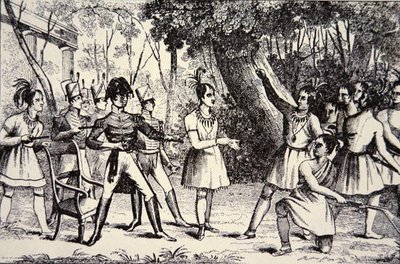 Capo Tecumseh (1768-1813) che sfida il Generale Harrison (1773-1841) (incisione) da American School
